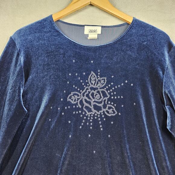 VTG Velvet Tunic Top Womens Large Blue Beaded Y2K Whimsigoth Rose USA Janana's - Picture 2 of 13